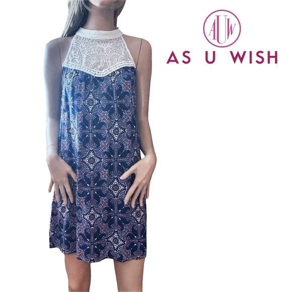 As U Wish Rayon & Lace Shift Choker Dress with Keyhole Close Aztec Floral M-L - Picture 1 of 15